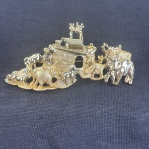 Vintage Noah's Ark Brooch Animals Gold Tone Signed AJC Noahs Boat Biblical Pin